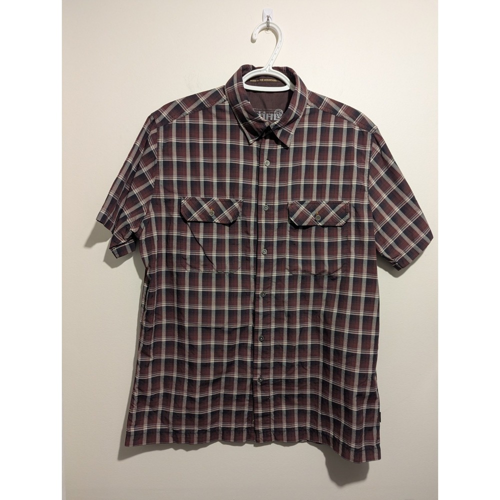Kuhl Eluxur Burgundy Plaid Metal Button Outdoor Hiking Short Sleeve Shirt Mens M